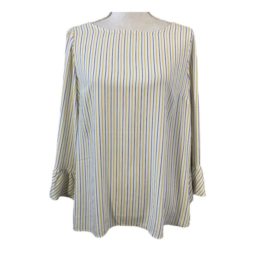 Carolina Belle Yellow Blue Pinstripe Blouse Medium